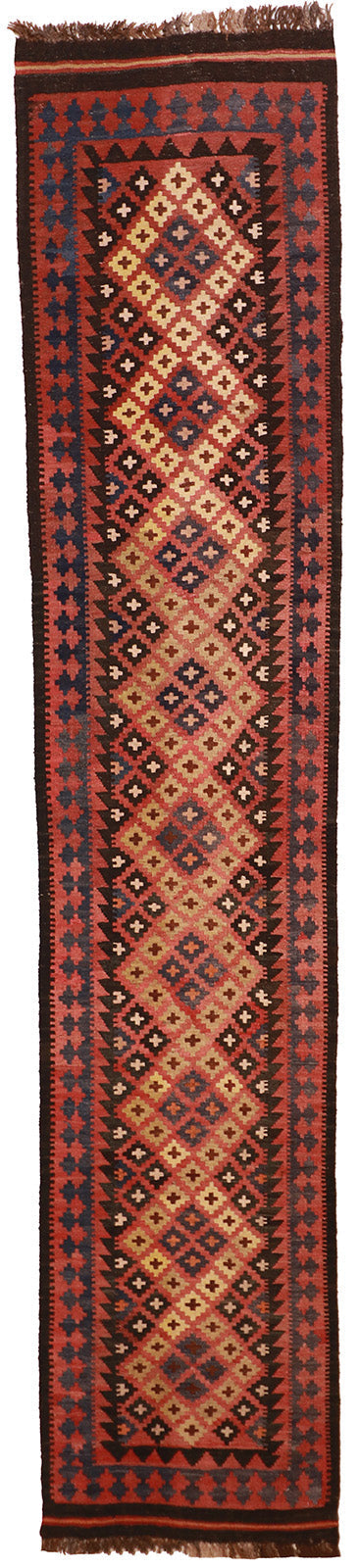 2.6 x 12.8 Runner - Kilim Wool Geometric Rectangle - Hand Knotted Rug — 16044