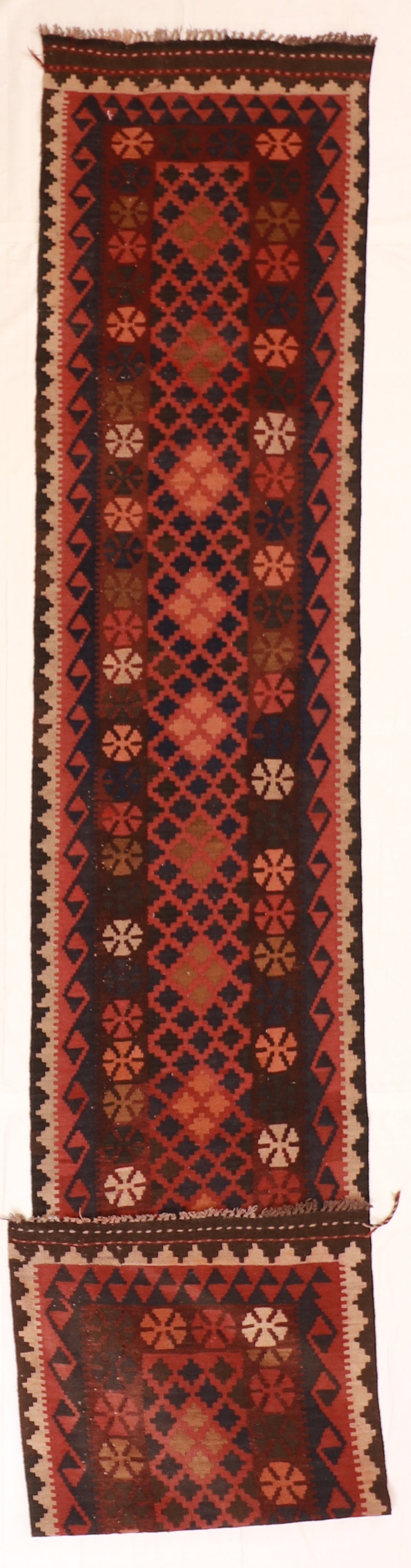 2.4 x 12.10 Runner - Kilim Wool Geometric Rectangle - Hand Knotted Rug — 51060