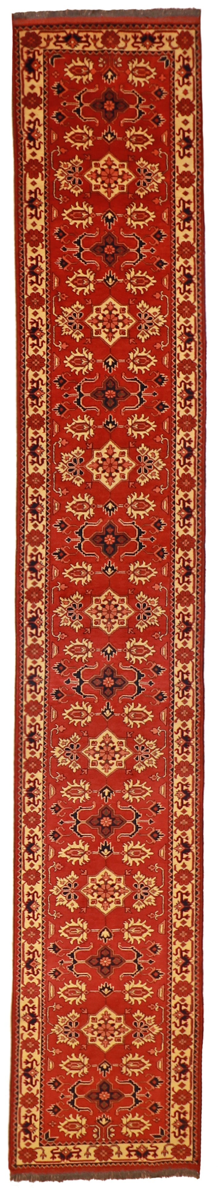 Runner - Karajeh Wool Geometric Rectangle - Hand Knotted Rug — 53274