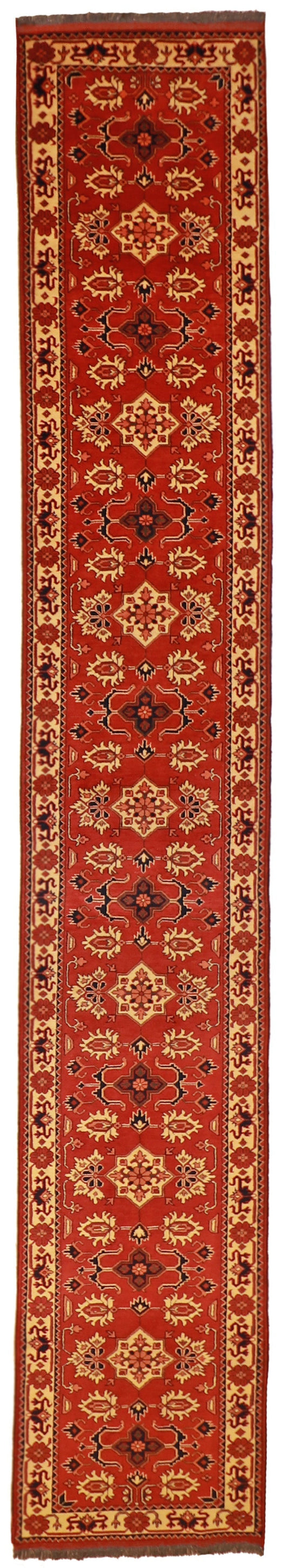 Runner - Karajeh Wool Geometric Rectangle - Hand Knotted Rug — 53274