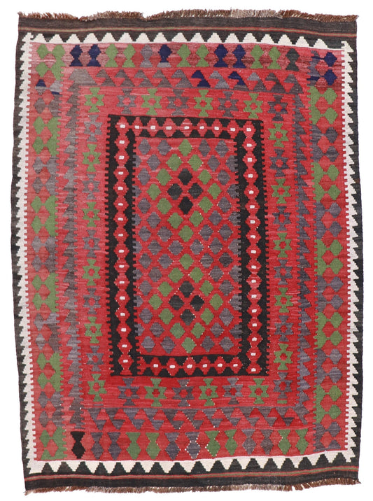 4x6 - Kilim Fine Wool Geometric Rectangle - Hand Knotted Rug