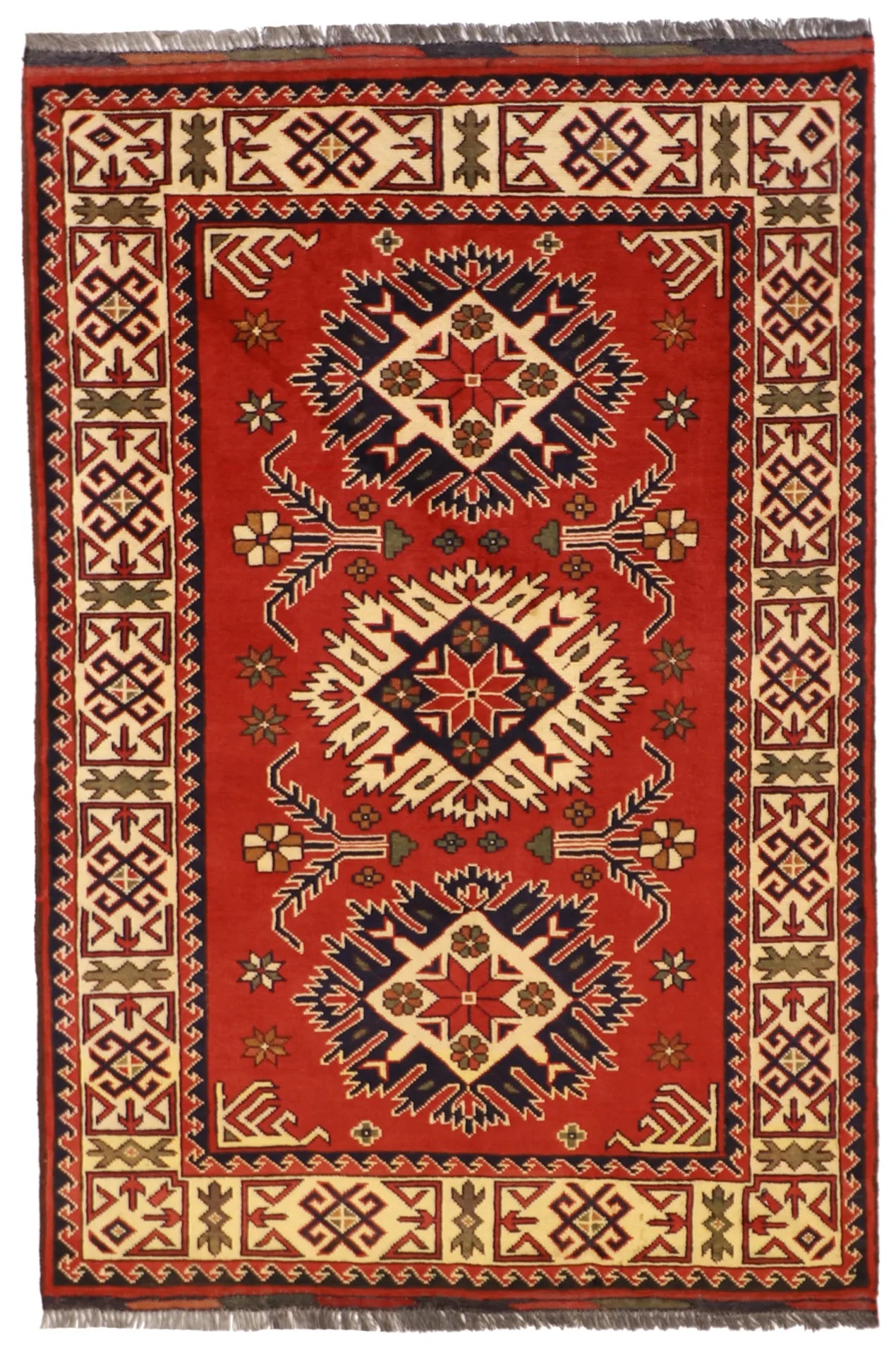 4x6 - Kazak Fine/Wool Geometric Rectangle - Hand Knotted Rug — 57079