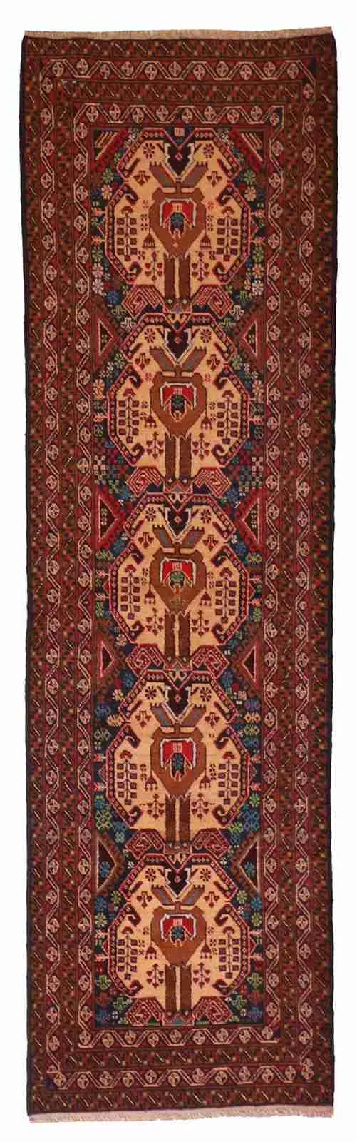 ✨ Handwoven 2.9×9.6 Baluch Wool Runner — 🇦🇫 Afghan Geometric Design in Tan, Blue, Green &amp; Brown — 57123