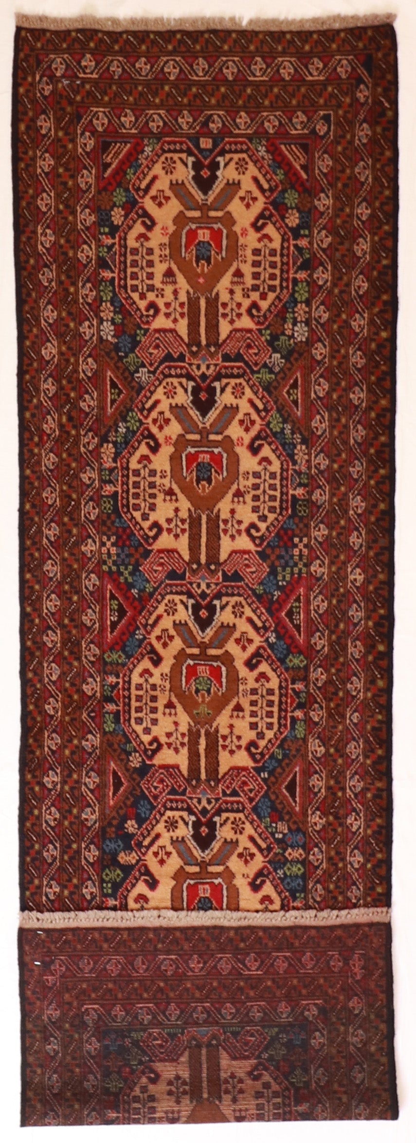 ✨ Handwoven 2.9×9.6 Baluch Wool Runner — 🇦🇫 Afghan Geometric Design in Tan, Blue, Green &amp; Brown — 57123