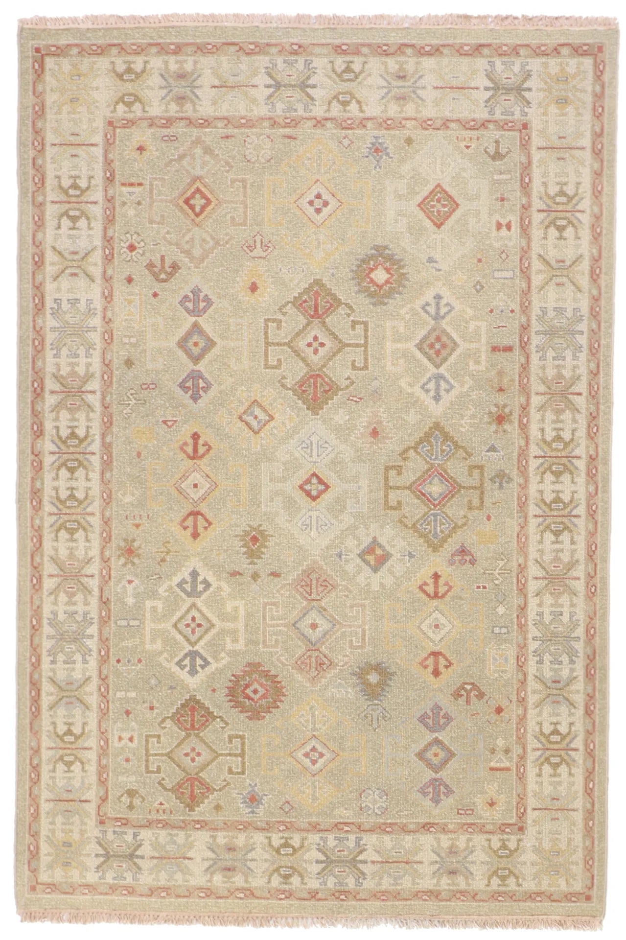 4x6 - Soumak Fine/Wool Geometric Rectangle - Hand Knotted Rug — 58674