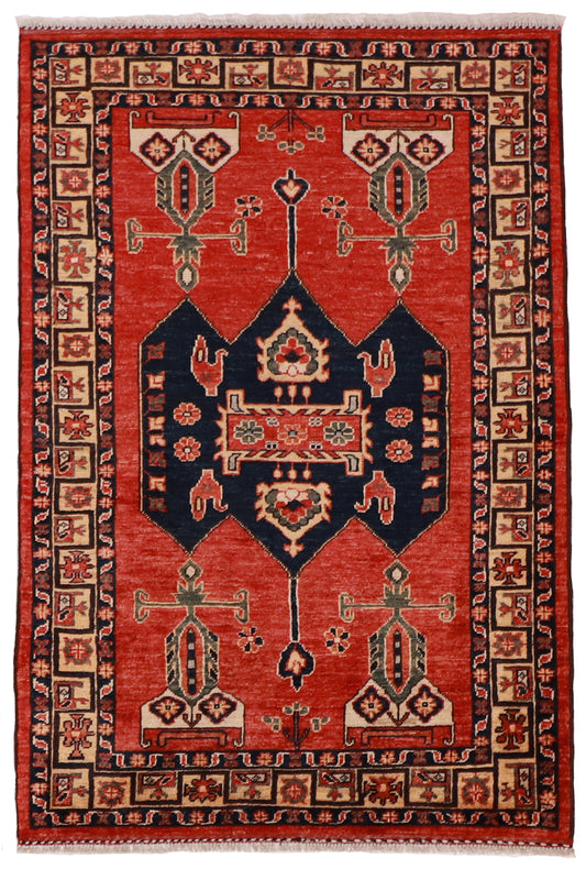 4x6 - Karajeh Fine/Wool Geometric Rectangle - Hand Knotted Rug