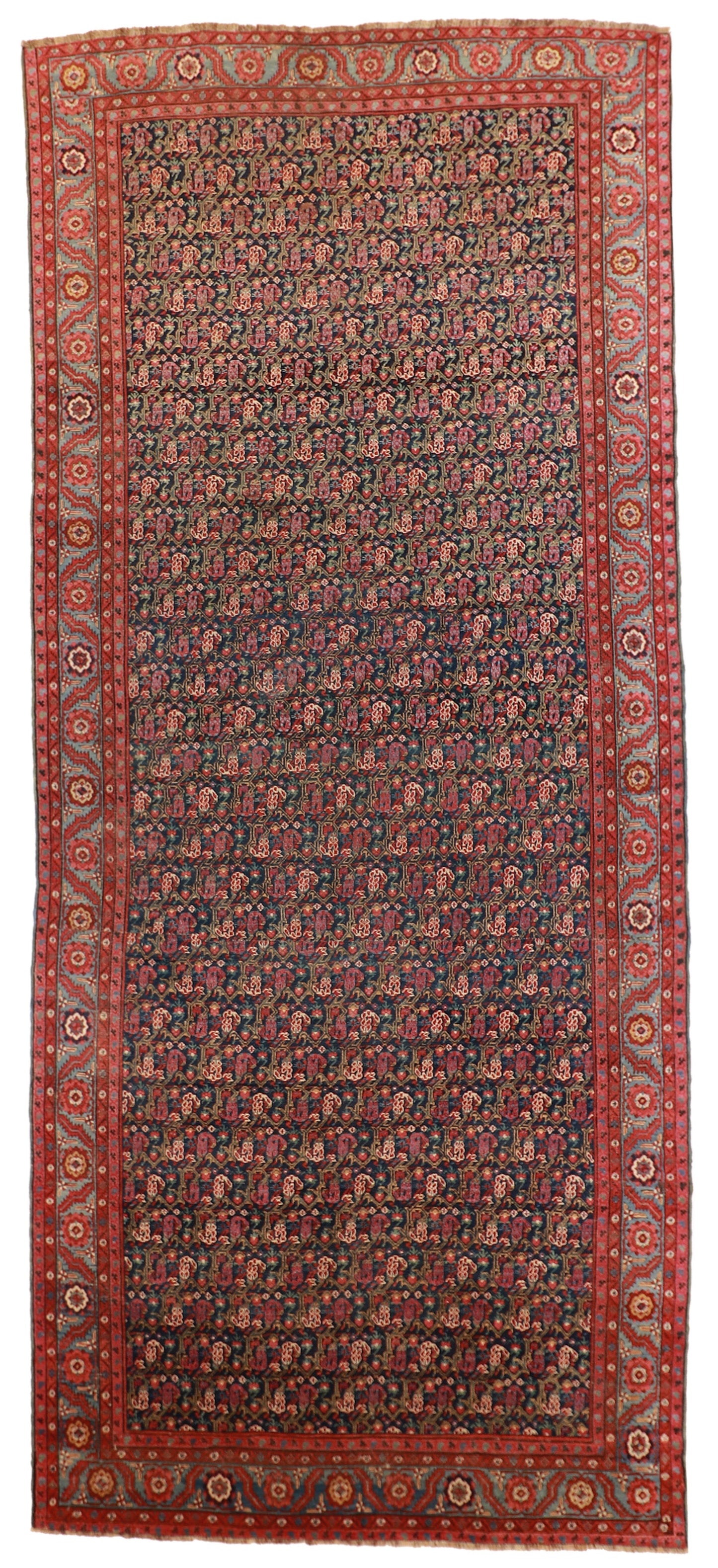 7 x 16 - Azerbaijan Antque/Wool Geometric Rectangle - Hand Knotted Rug — 63019