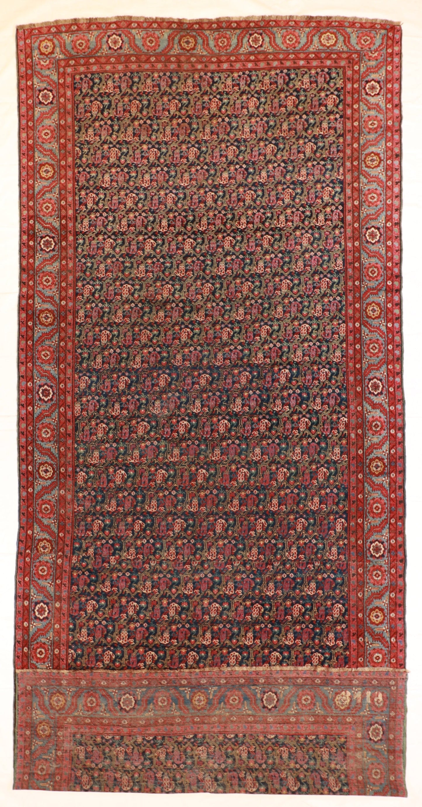 7 x 16 - Azerbaijan Antque/Wool Geometric Rectangle - Hand Knotted Rug — 63019