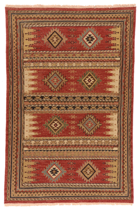 4x6 - Karajeh Fine/Wool Geometric Rectangle - Hand Knotted Rug