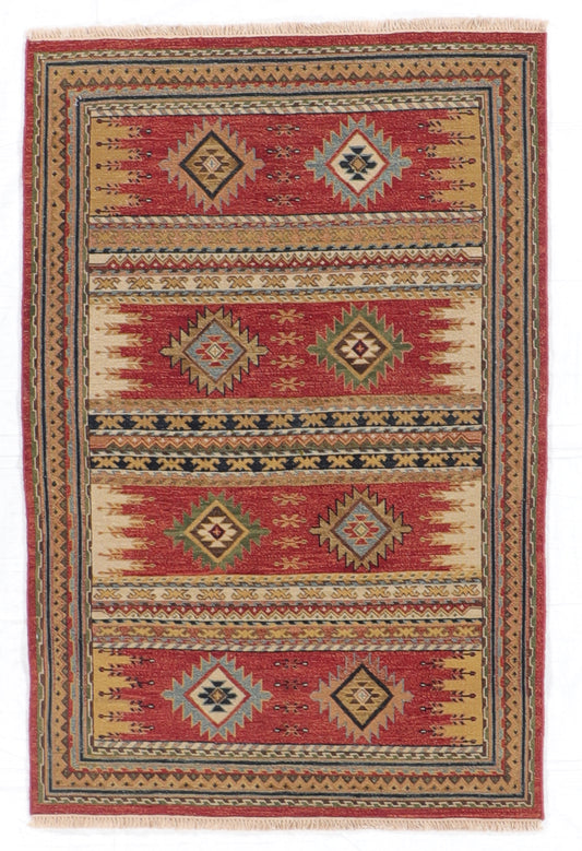 4x6 - Karajeh Wool Geometric Rectangle - Hand Knotted Rug