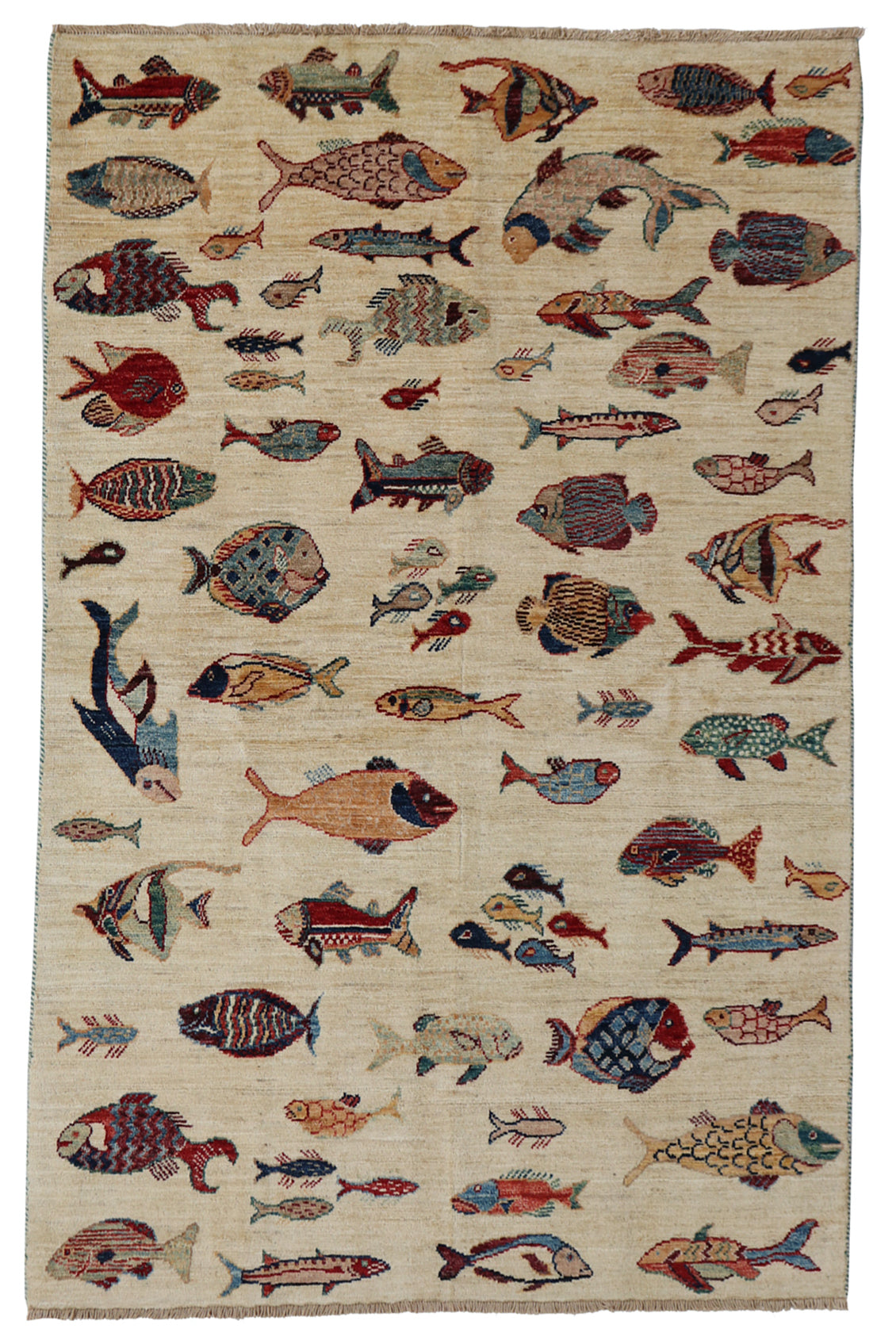 4x6 - Fish Wool All Over Rectangle - Hand Knotted Rug