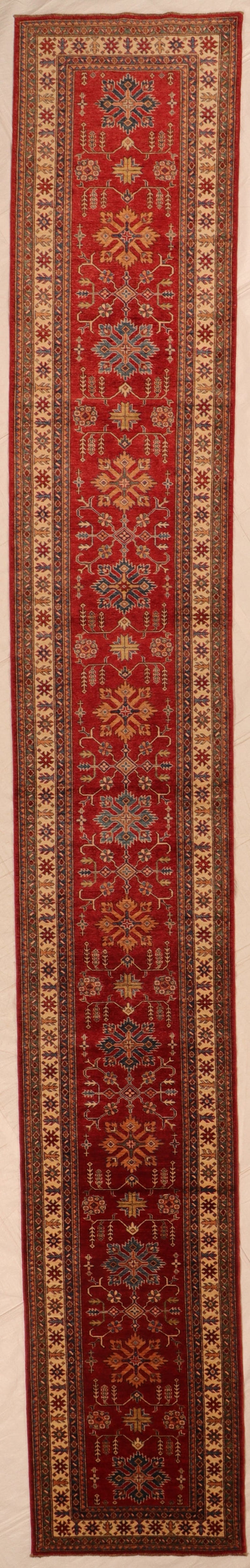 Runner - Karajeh Wool Geometric Rectangle - Hand Knotted Rug — 66103