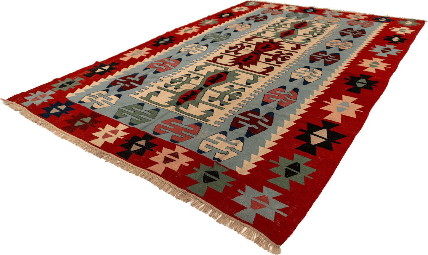 W 7.3 - L 11.1 - Kilim Wool Geometric Rectangle - Finest Hand-Made Quality Wool - 7259