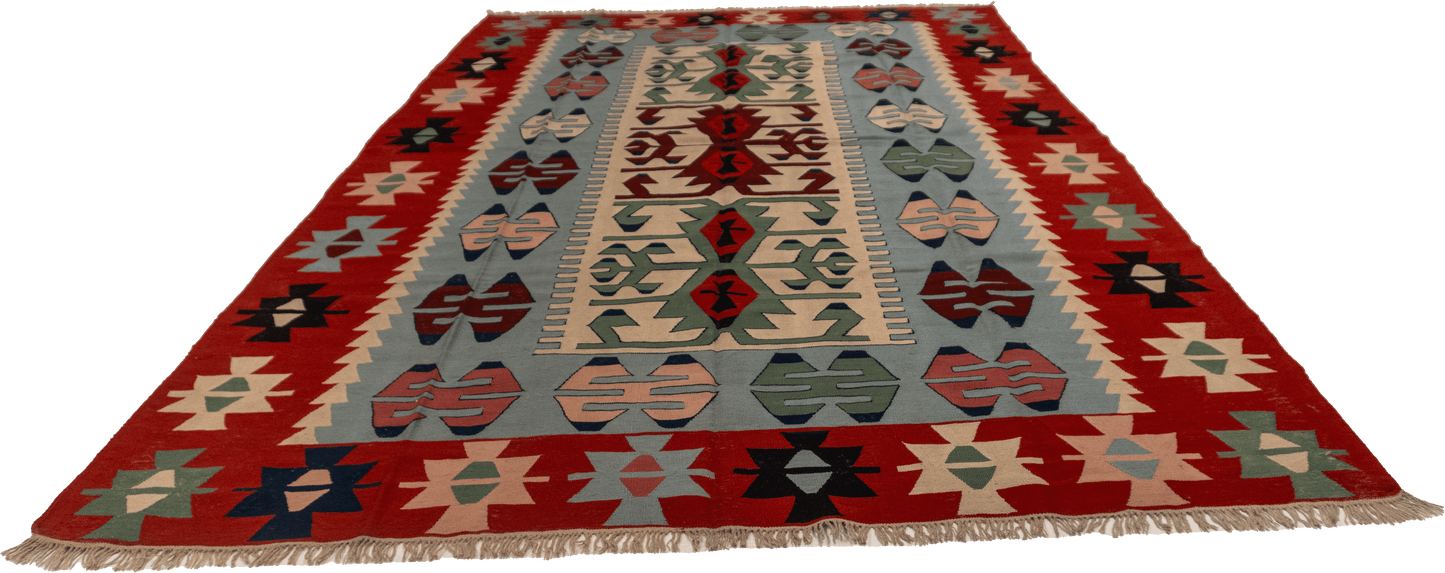 W 7.3 - L 11.1 - Kilim Wool Geometric Rectangle - Finest Hand-Made Quality Wool - 7259