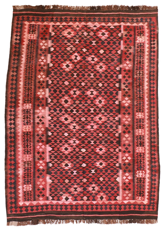 6.7 x 9.2  - Kilim Wool Geometric Rectangle - Hand Knotted Rug — 9814